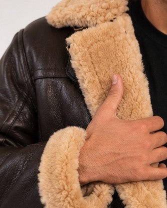 Open B3 jacket showing natural ginger sheepskin shearling lining