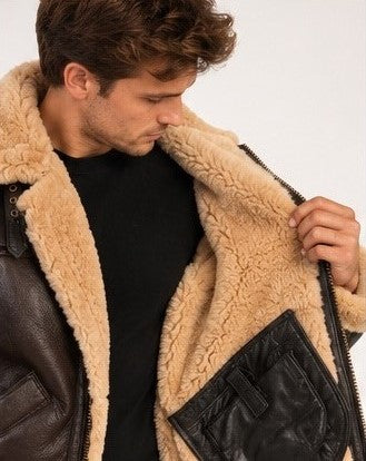 HIDVORA men's B3 aviator jacket in brown leather with ginger shearling, front view