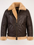 A dark brown leather aviator jacket with a thick beige shearling lining on the collar, cuffs, and hem, shown against a plain white background.