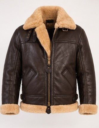 A dark brown leather aviator jacket with a thick beige shearling lining on the collar, cuffs, and hem, shown against a plain white background.