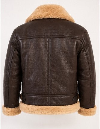 A dark brown leather aviator jacket with a tan shearling lining, shown from the back against a plain white background.