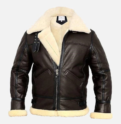Close-up of the shearling collar and twin leather buckle straps