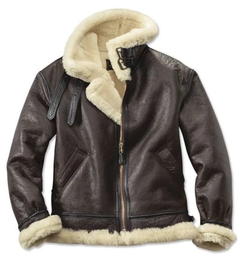 A dark brown leather aviator jacket with thick cream-colored shearling lining on the collar, cuffs, and hem, featuring a front zipper and a black buckle strap detail on the chest.