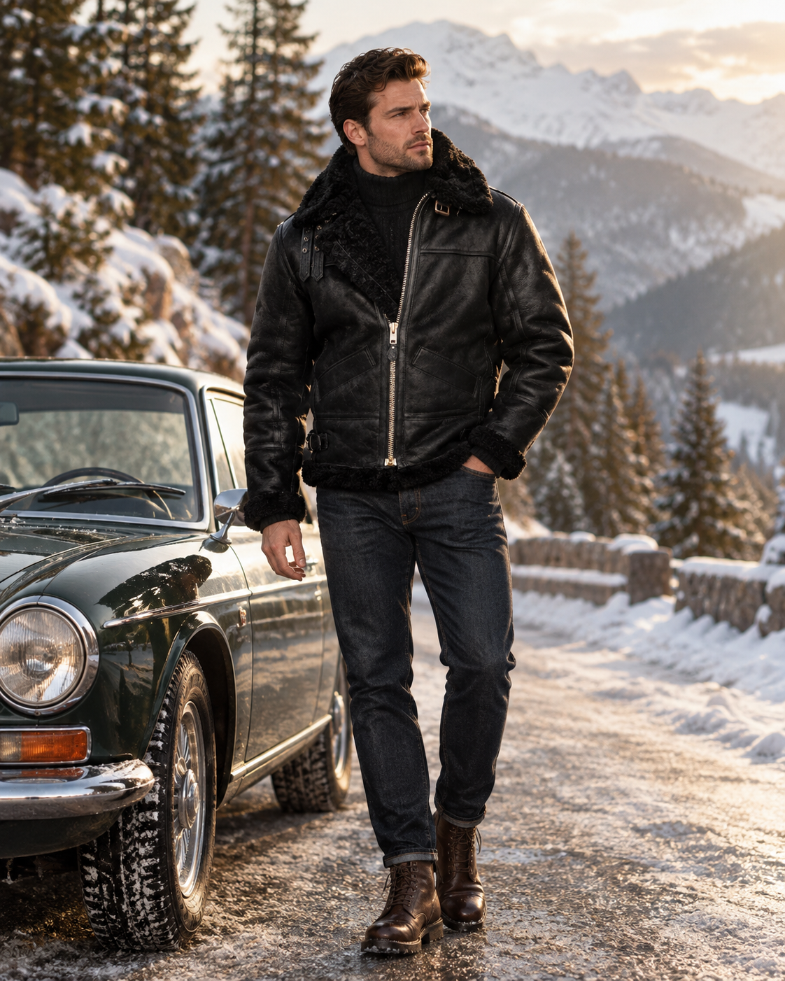 Man wearing the black HIDVORA B3 shearling jacket on a snowy mountain road beside a vintage car