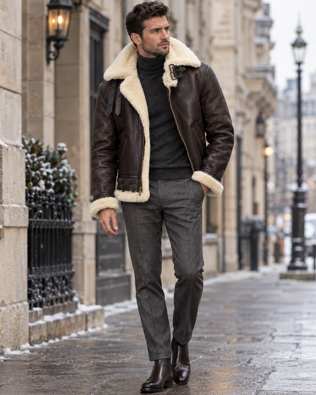 HIDVORA men's B3 aviator shearling jacket in black, front view
