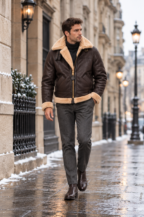 HIDVORA men's B3 aviator jacket in brown leather with ginger shearling, front view