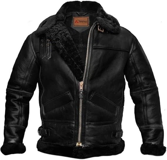Open black B3 jacket showing real black sheepskin shearling lining