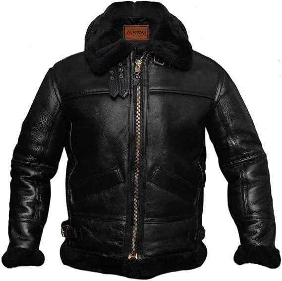 HIDVORA men's B3 aviator shearling jacket in black with black shearling, front view