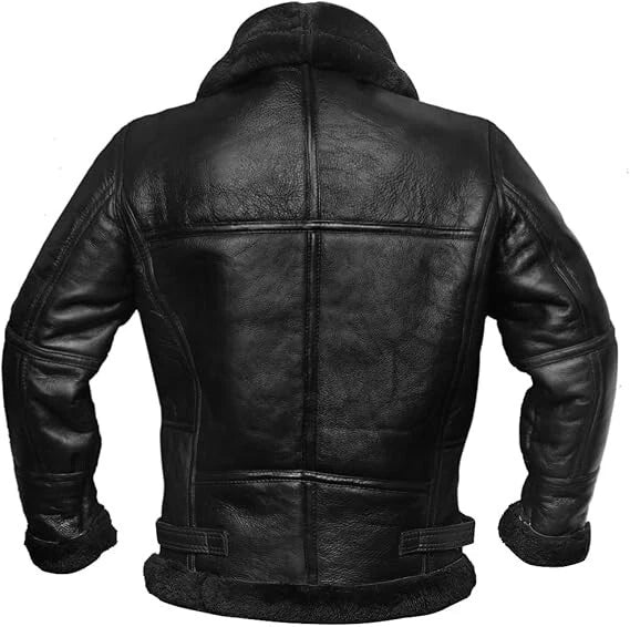 Back view of the black HIDVORA B3 shearling bomber jacket